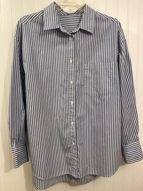 blue & white striped button up top